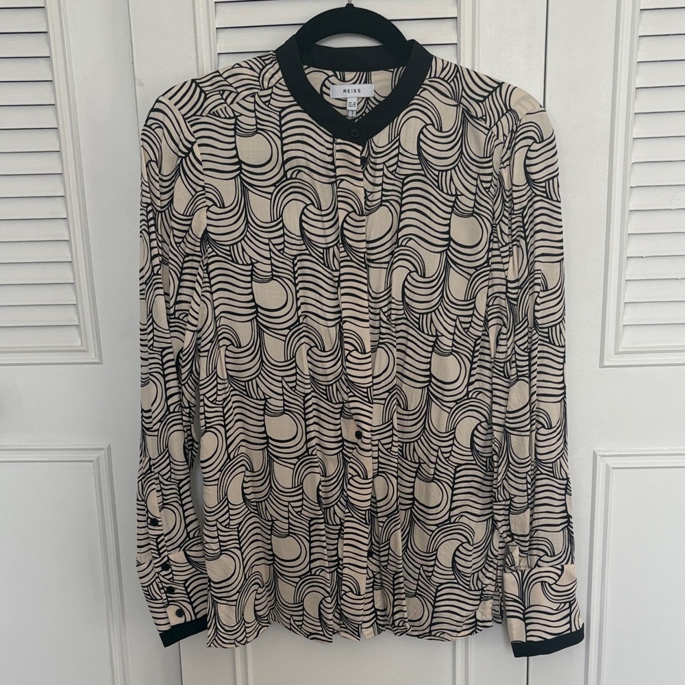 Reiss Black & Cream Swirl Print Button-Up Blouse